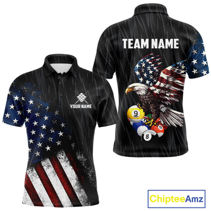 Front and back views of a black short-sleeve polo shirt with a distressed American flag print on the left side, featuring a bald eagle and pool balls graphic on the back, with customizable text placeholders 'YOUR NAME' and 'TEAM NAME'.