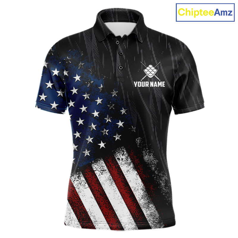 Front views of a black short-sleeve polo shirt with a distressed American flag print on the left side, featuring a bald eagle and pool balls graphic on the back, with customizable text placeholders 'YOUR NAME' and 'TEAM NAME'.