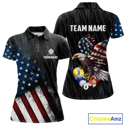 Custom short-sleeve polo shirt shown from the front and back on a white background. The shirt features a distressed American flag design with stars and stripes on a dark background, plus a large bald eagle and pool balls graphic on the back.
