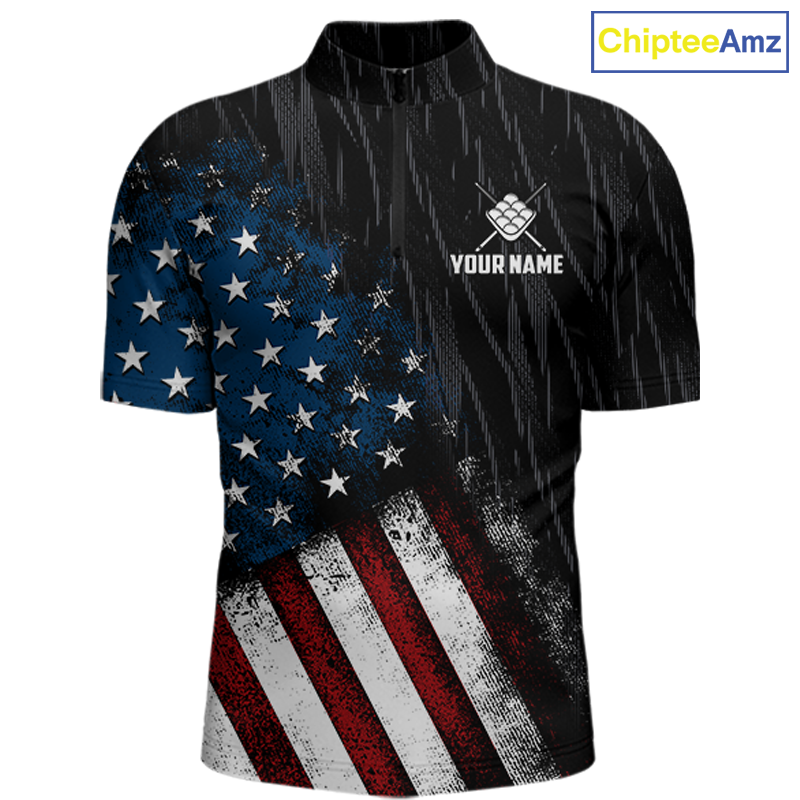 A short-sleeve custom athletic jersey featuring a distressed American flag print on a black background with rain streak graphics. The right chest displays a white logo of crossed bats and a diamond with the text 'YOUR NAME'.