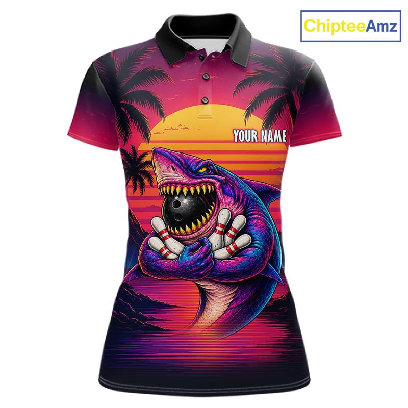 Custom Funny Neon Shark Sunset Bowling Jersey for Women Bowling Team Shirts Polo & 1/4 Zip HNT513