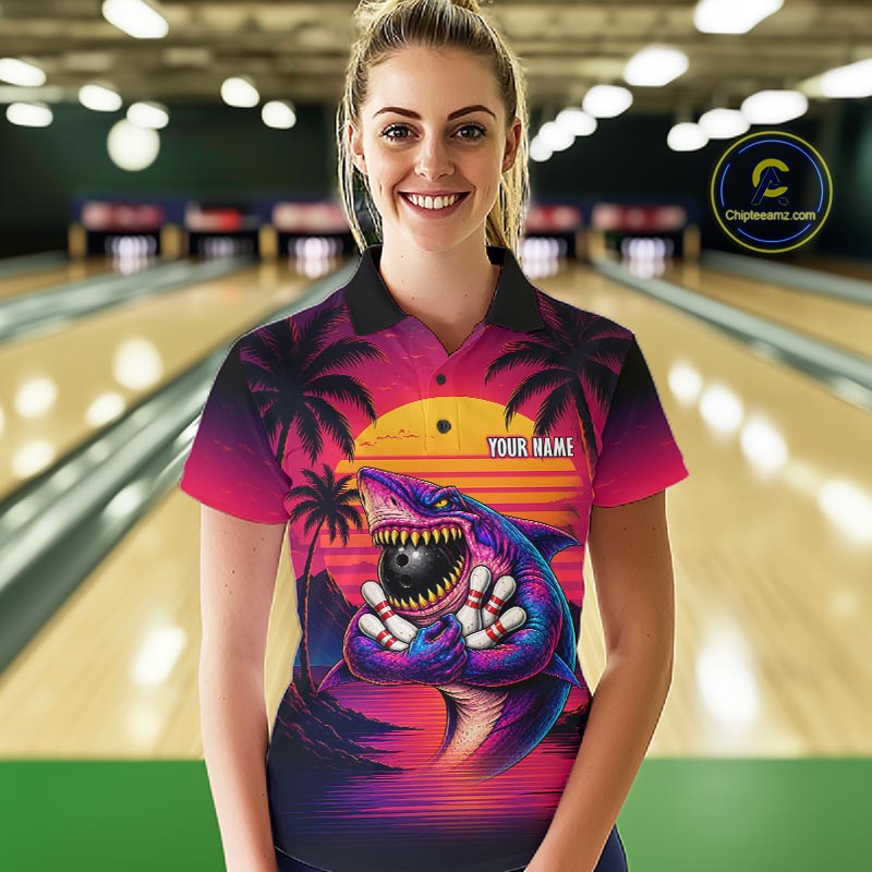 Custom Funny Neon Shark Sunset Bowling Jersey for Women Bowling Team Shirts Polo & 1/4 Zip HNT513