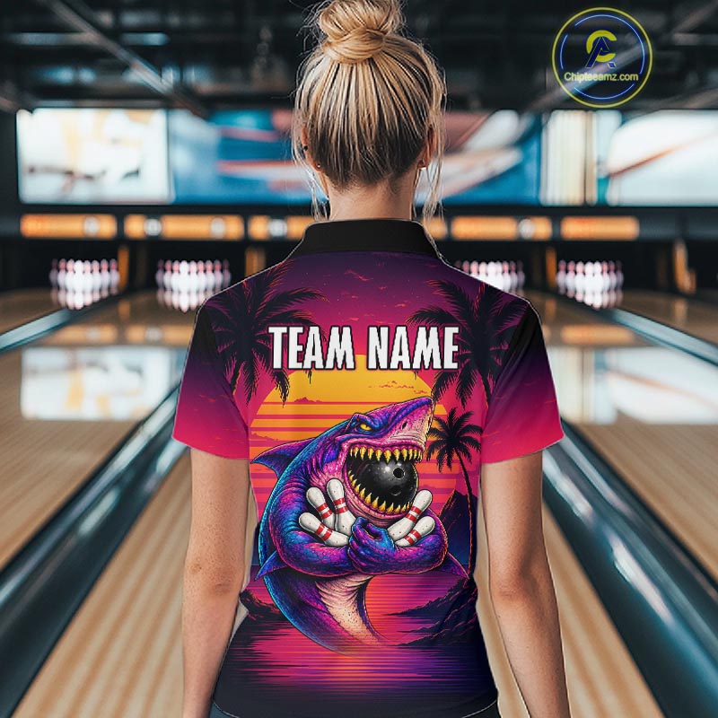 Custom Funny Neon Shark Sunset Bowling Jersey for Women Bowling Team Shirts Polo & 1/4 Zip HNT513