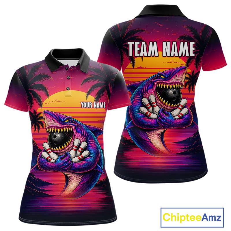 Custom Funny Neon Shark Sunset Bowling Jersey for Women Bowling Team Shirts Polo & 1/4 Zip HNT513
