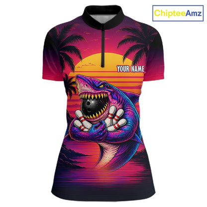 Custom Funny Neon Shark Sunset Bowling Jersey for Women Bowling Team Shirts Polo & 1/4 Zip HNT513