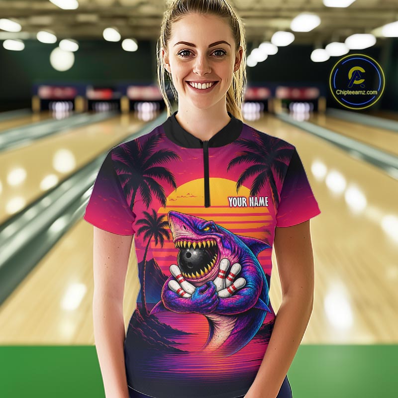 Custom Funny Neon Shark Sunset Bowling Jersey for Women Bowling Team Shirts Polo & 1/4 Zip HNT513