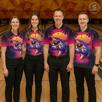 Custom Funny Neon Shark Sunset Bowling Jersey for Women Bowling Team Shirts Polo & 1/4 Zip HNT513