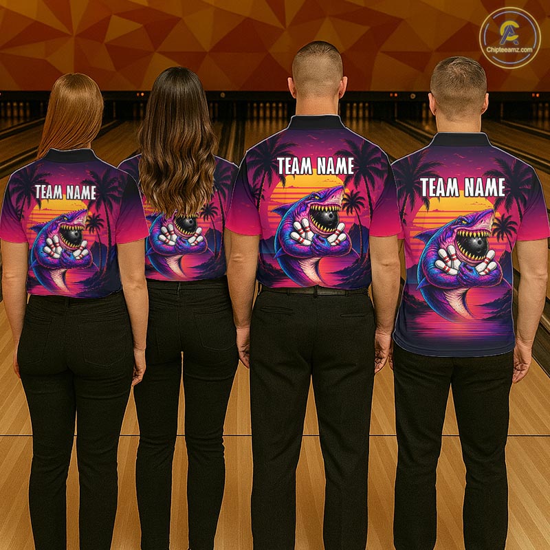 Custom Funny Neon Shark Sunset Bowling Jersey for Women Bowling Team Shirts Polo & 1/4 Zip HNT513