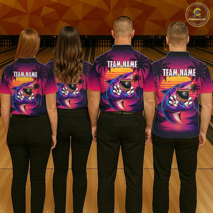 Custom Funny Neon Shark Sunset Bowling Jersey for Women Bowling Team Shirts Polo & 1/4 Zip HNT513