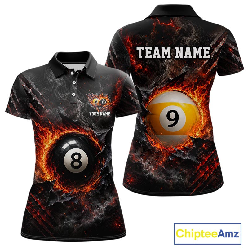 Cracked Flame 8 Ball and 9 Ball Billiard Shirts for Women Billiard Team Jerseys Billiard League NNT297