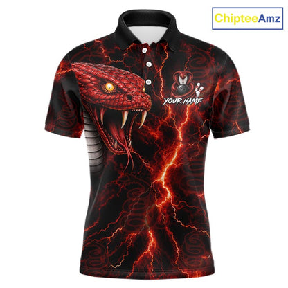 A short-sleeve polo shirt with a black base featuring a large red snake graphic, red and orange lightning effects, and a white 'YOUR NAME' placeholder on the chest. A 'ChipteeAmz' logo is visible in the top right corner.