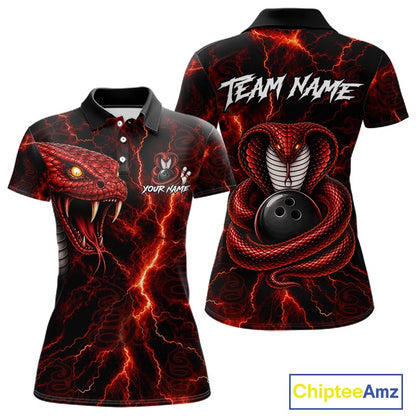 A black short-sleeve polo shirt with a red and black lightning-bolt snake graphic, shown in front and back views. The front features a large snake head on the left chest and small customizable text/graphics.