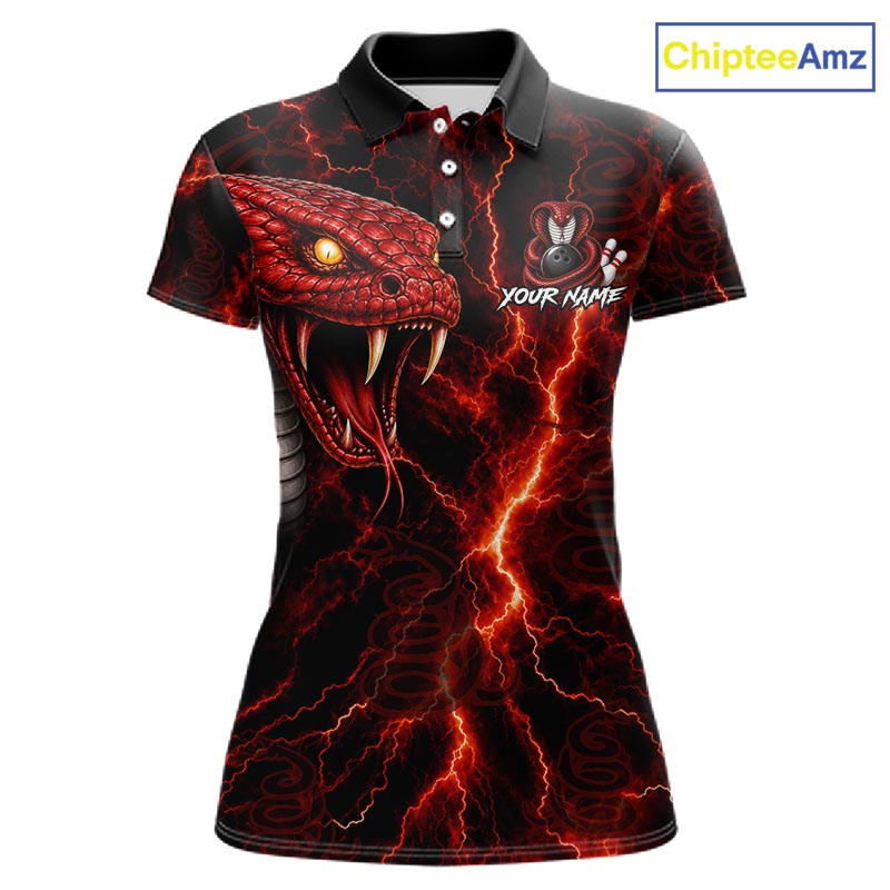 A women's short-sleeve polo shirt with a black base featuring a large red snake graphic, red lightning effects, and a customizable name print area on the chest. The ChipteeAmz logo is visible in the top right corner.