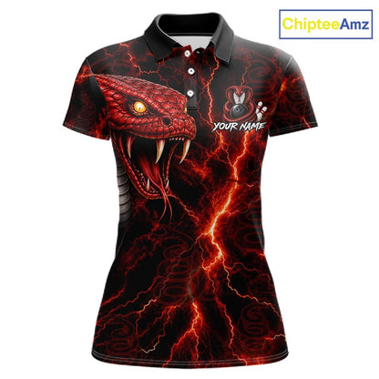 A women's short-sleeve polo shirt with a black base featuring a large red snake graphic, red lightning effects, and a customizable name print area on the chest. The ChipteeAmz logo is visible in the top right corner.