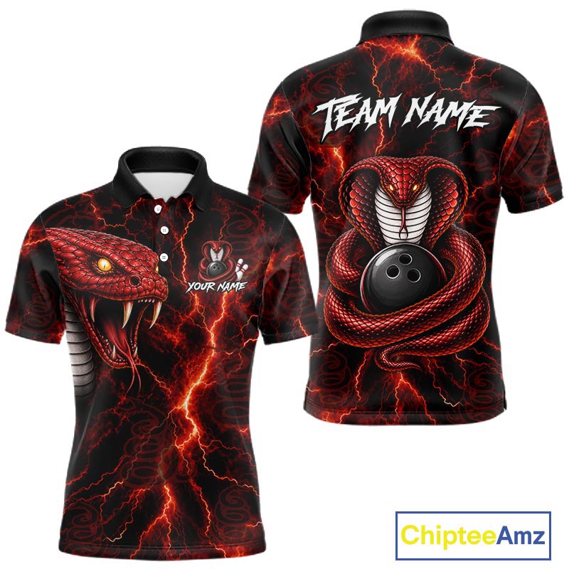 Front and back views of a black short-sleeve polo shirt with a red and black lightning-bolt snake graphic, white 'TEAM NAME' text on the back, and customizable text placeholders on the front and back. Shown on a white background with a ChipteeAmz logo in the bottom right.