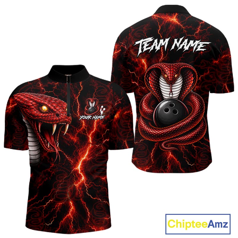 Custom short-sleeve bowling shirt shown from the front and back on a white background. The design features a red and black coiled snake wrapped around a bowling ball, with red lightning effects on a black base.