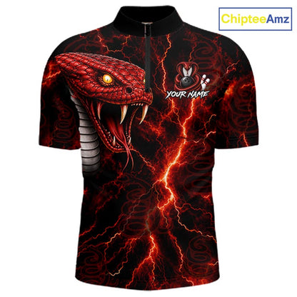 A short-sleeve quarter-zip polo shirt with a black base and a vivid red and orange lightning-bolt snake graphic on the front. The shirt features a mock neck, a zipper, and a customizable graphic on the left chest with the text 'YOUR NAME'.