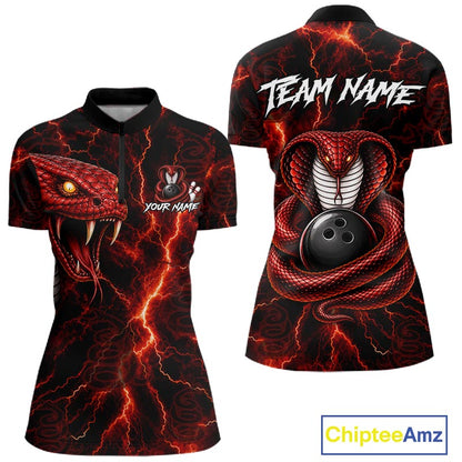 Custom short-sleeve polo shirt shown from the front and back, featuring a red and black lightning-bolt snake design with a large snake head on the front, a cobra coiled around a bowling ball on the back, and 'TEAM NAME' text across the shoulders. The shirt has a black collar and a partial button placket on the front.