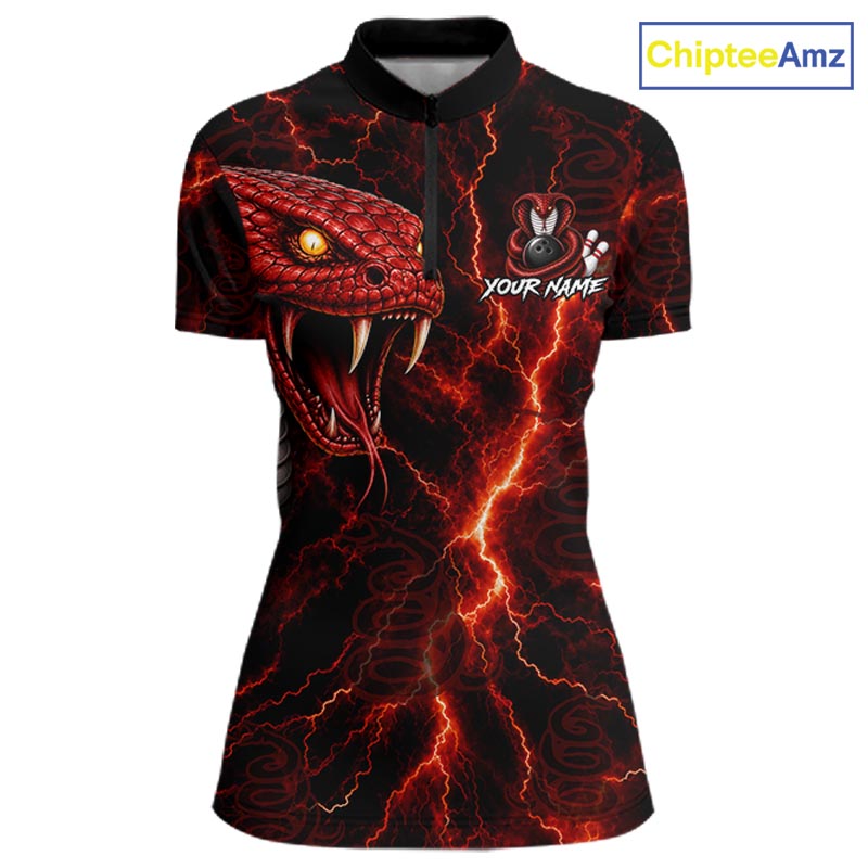 A women's short-sleeve polo shirt with a black base featuring a red and orange lightning-bolt snake graphic, a rabbit head logo with 'YOUR NAME' text, and a ChipteeAmz watermark in the top right corner.