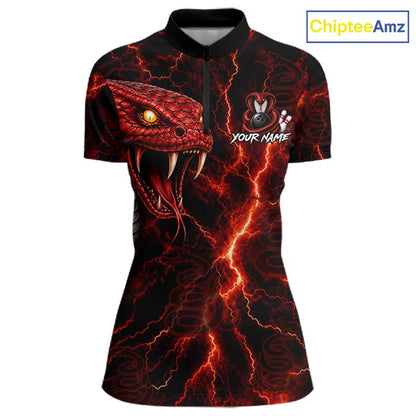 A women's short-sleeve polo shirt with a black base featuring a red and orange lightning-bolt snake graphic, a rabbit head logo with 'YOUR NAME' text, and a ChipteeAmz watermark in the top right corner.