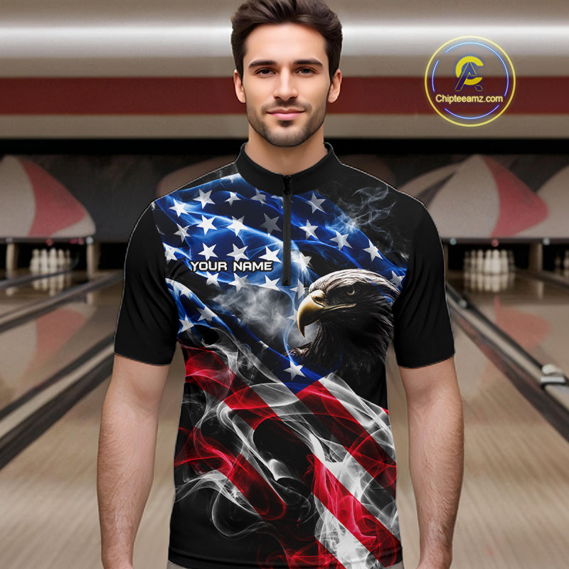 Custom Smoke American Flag Eagle Bowling Shirts for Men Bowling Team Jersey Bowling Tournament HNT659