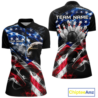 Custom Smoke American Flag Eagle Bowling Shirts for Women Bowling Team Jersey Bowling Tournament HNT659