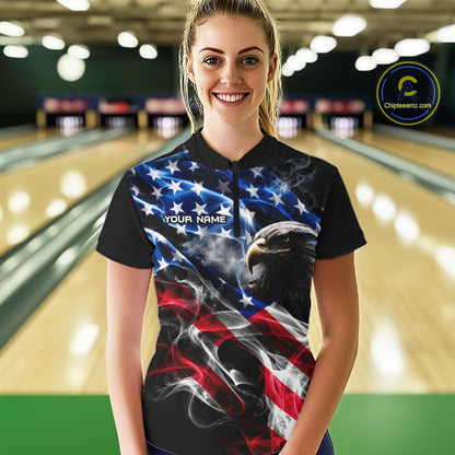 Custom Smoke American Flag Eagle Bowling Shirts for Women Bowling Team Jersey Bowling Tournament HNT659