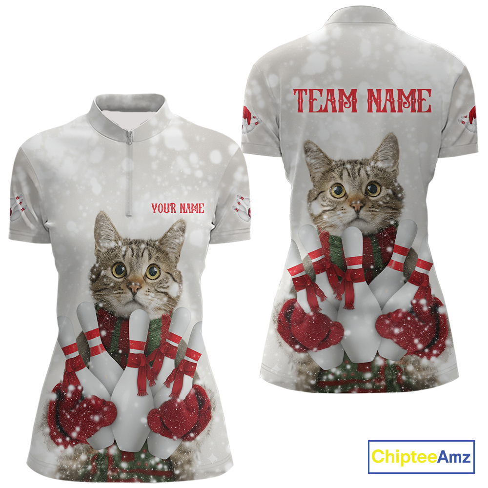 Custom Funny Cat Christmas Bowling Jersey for Women Polo & 1/4 Zip Bowling Team Shirts HNT145
