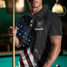 Load image into Gallery viewer, Men wearing personalized billiards polo shirt with an eagle positioned above pool balls while flag artwork flows across the black layout.