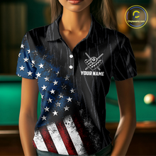 Load image into Gallery viewer, Women wearing personalized billiards polo shirt with an eagle positioned above pool balls while flag artwork flows across the black layout.