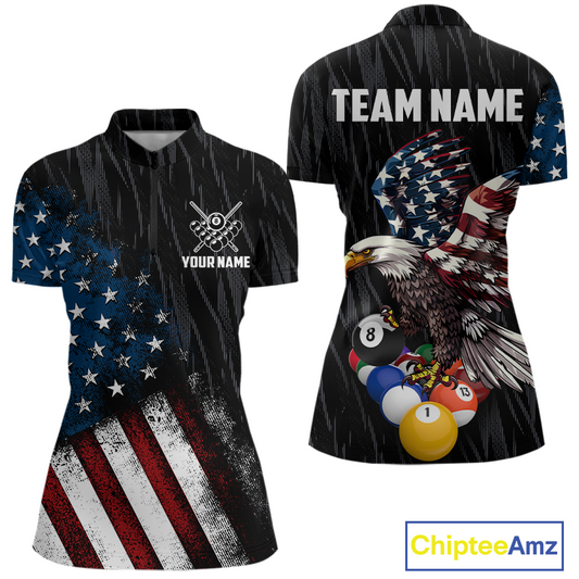 Front and back view personalized billiards quarter zip shirt with an eagle positioned above pool balls while flag artwork flows across the black layout.