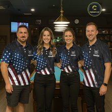 Load image into Gallery viewer, Four people wearing personalized billiards polo shirt with an eagle positioned above pool balls while flag artwork flows across the black layout.