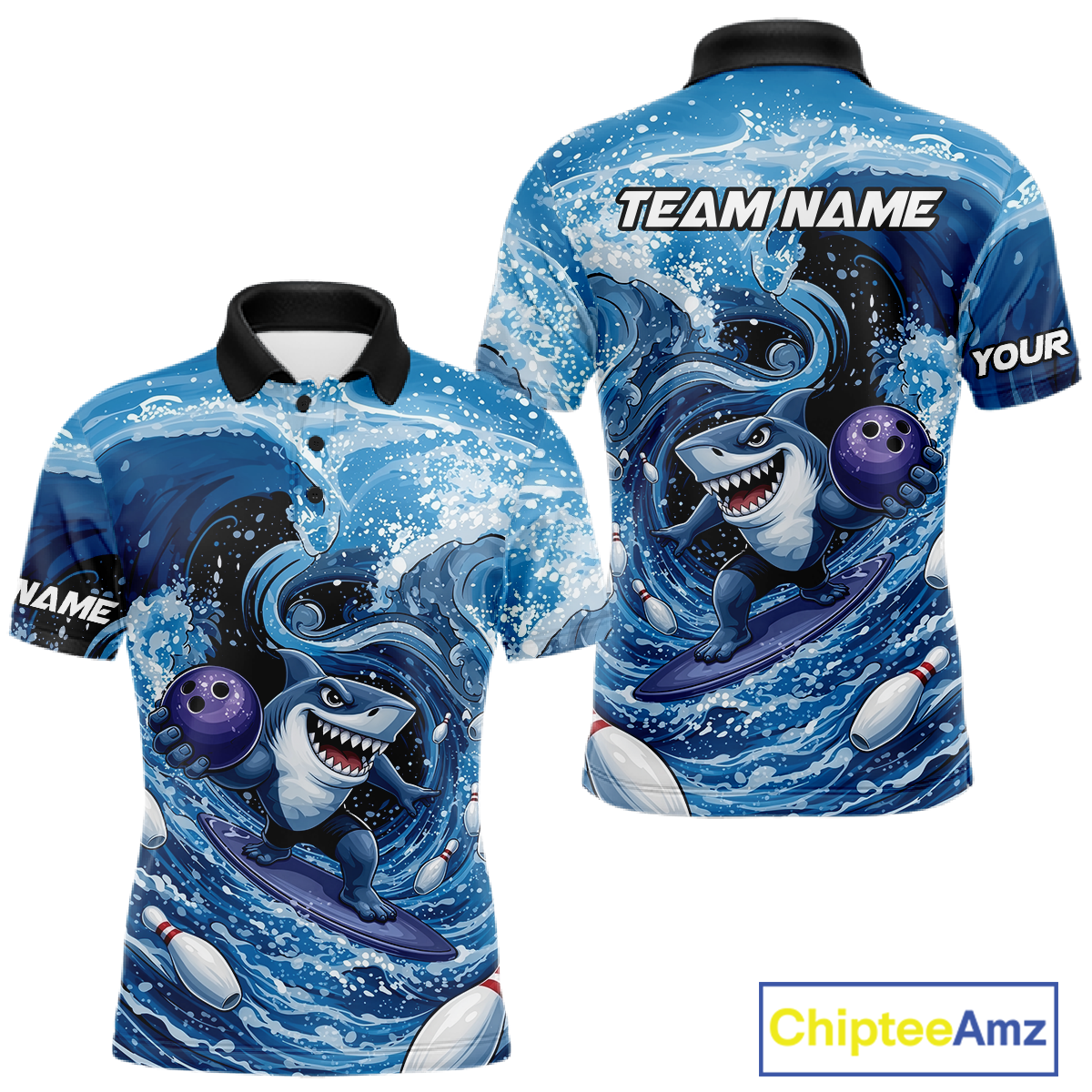 Funny Surfing Shark Bowling Team Shirts Custom Bowling Jersey for Men Polo & 1/4 Zip HNT547