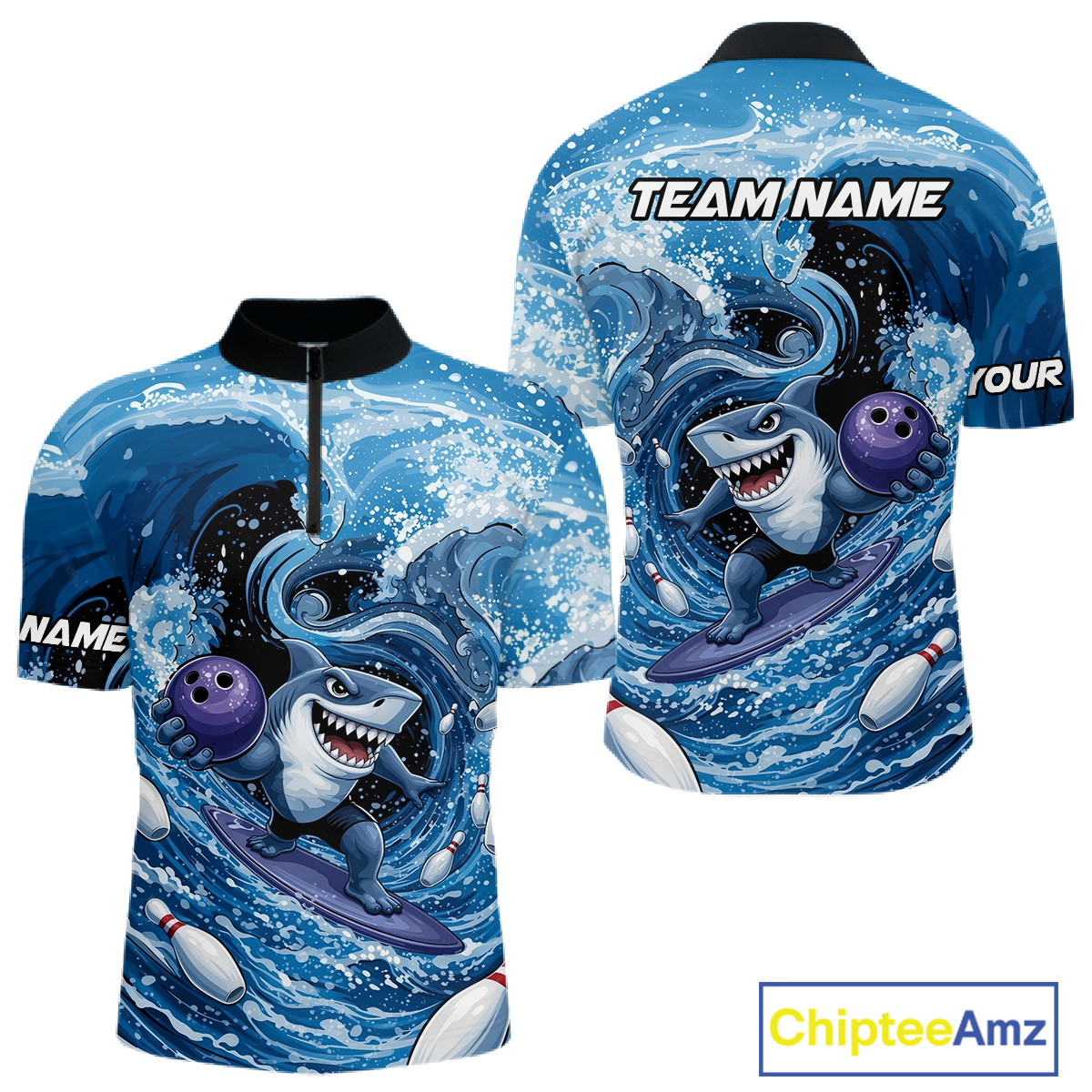 Funny Surfing Shark Bowling Team Shirts Custom Bowling Jersey for Men Polo & 1/4 Zip HNT547
