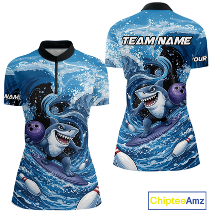 Funny Surfing Shark Bowling Team Shirts Custom Bowling Jersey for Women Polo & 1/4 Zip HNT547