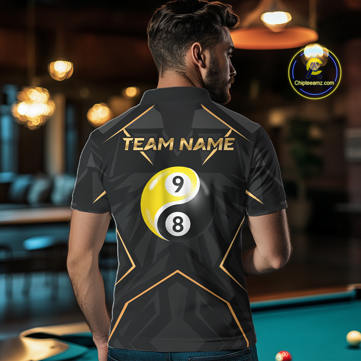 Custom Black Gold 8 Ball 9 Ball Yin Yang Pool Shirts Billiard Shirt for Men Billiard Team Jersey NNT179