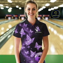 Load image into Gallery viewer, Custom Purple Galaxy Butterflies Bowling Shirt for Women Butterfly Bowling Team Jersey Bowling League HNT277
