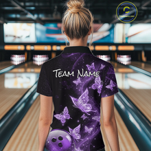 Load image into Gallery viewer, Custom Purple Galaxy Butterflies Bowling Shirt for Women Butterfly Bowling Team Jersey Bowling League HNT277