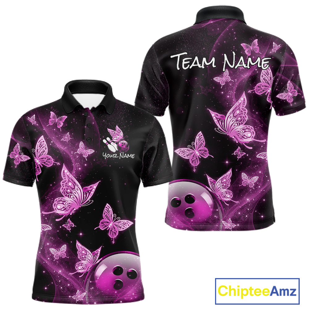 Custom Pink Galaxy Butterflies Bowling Shirt for Men Butterfly Bowling Team Jersey Bowling League HNT277