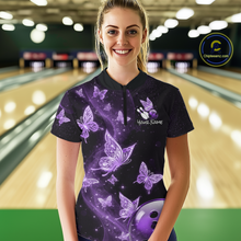 Load image into Gallery viewer, Custom Purple Galaxy Butterflies Bowling Shirt for Women Butterfly Bowling Team Jersey Bowling League HNT277