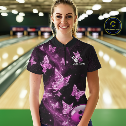 Custom Pink Galaxy Butterflies Bowling Shirt for Women Butterfly Bowling Team Jersey Bowling League HNT277