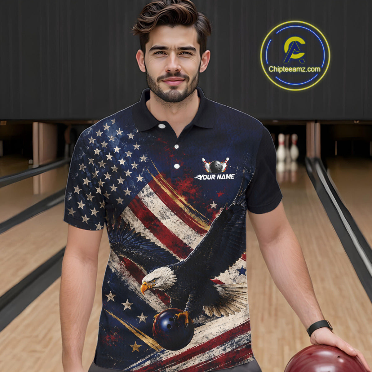 Men’s us flag eagle bowling polo shirt, front view on male model in bowling lane 