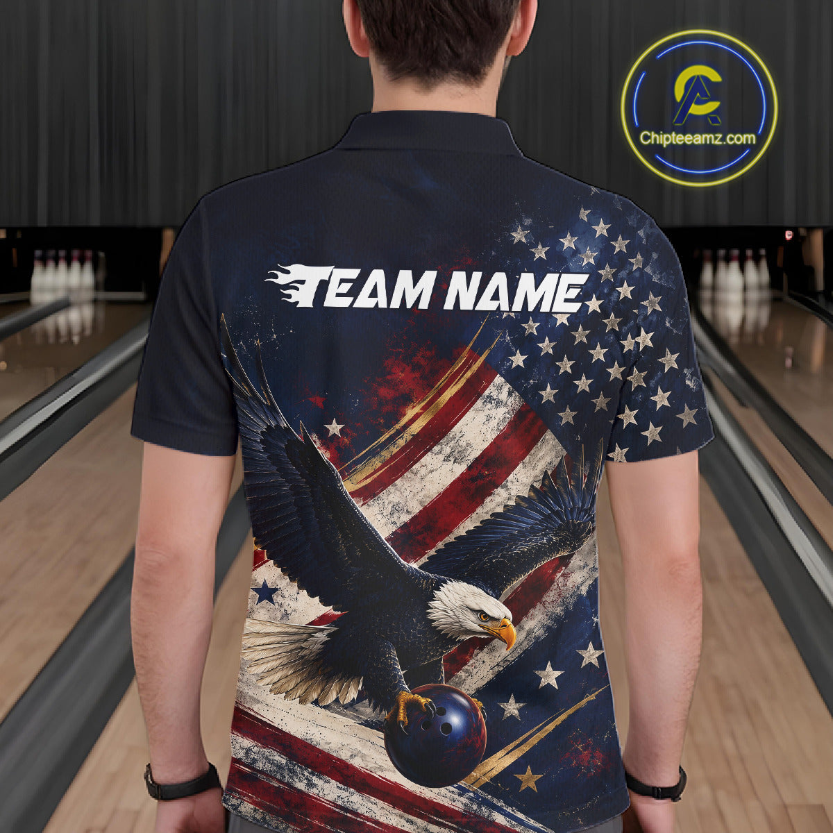 Men’s us flag eagle bowling polo shirt, back view on male model in bowling lane 