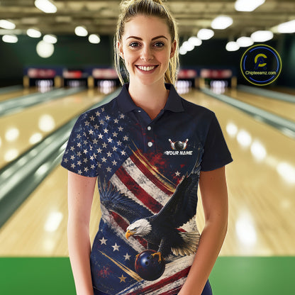 Women’s us flag eagle bowling polo shirt, front view on female model in bowling lane 