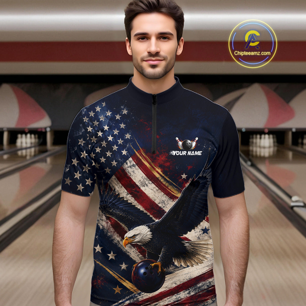 Men’s us flag eagle bowling quarter zip shirt, front view on male model in bowling lane 