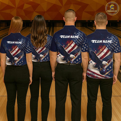 Group of bowlers in us flag eagle team shirts, personalized bowling uniforms back view.