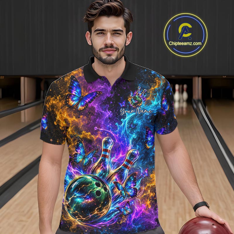 Neon Butterfly Galaxy Fire Splash Bowling Shirts for Men Custom Bowling Team jerseys HNT516