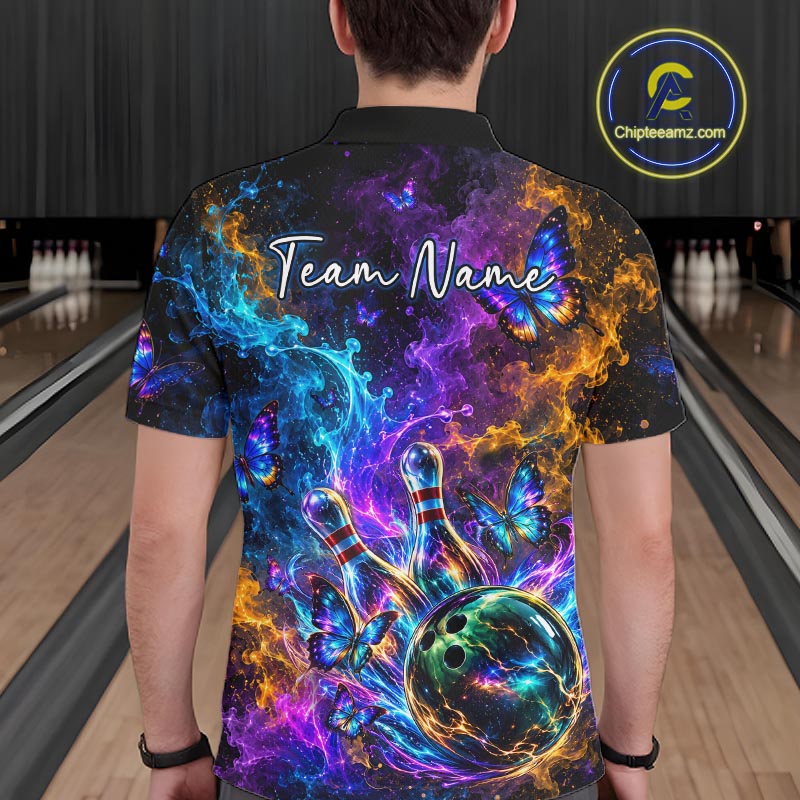 Neon Butterfly Galaxy Fire Splash Bowling Shirts for Men Custom Bowling Team jerseys HNT516