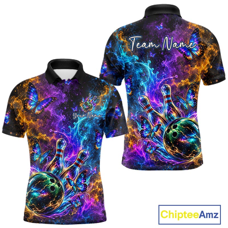 Neon Butterfly Galaxy Fire Splash Bowling Shirts for Men Custom Bowling Team jerseys HNT516