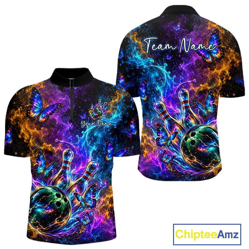 Neon Butterfly Galaxy Fire Splash Bowling Shirts for Men Custom Bowling Team jerseys HNT516
